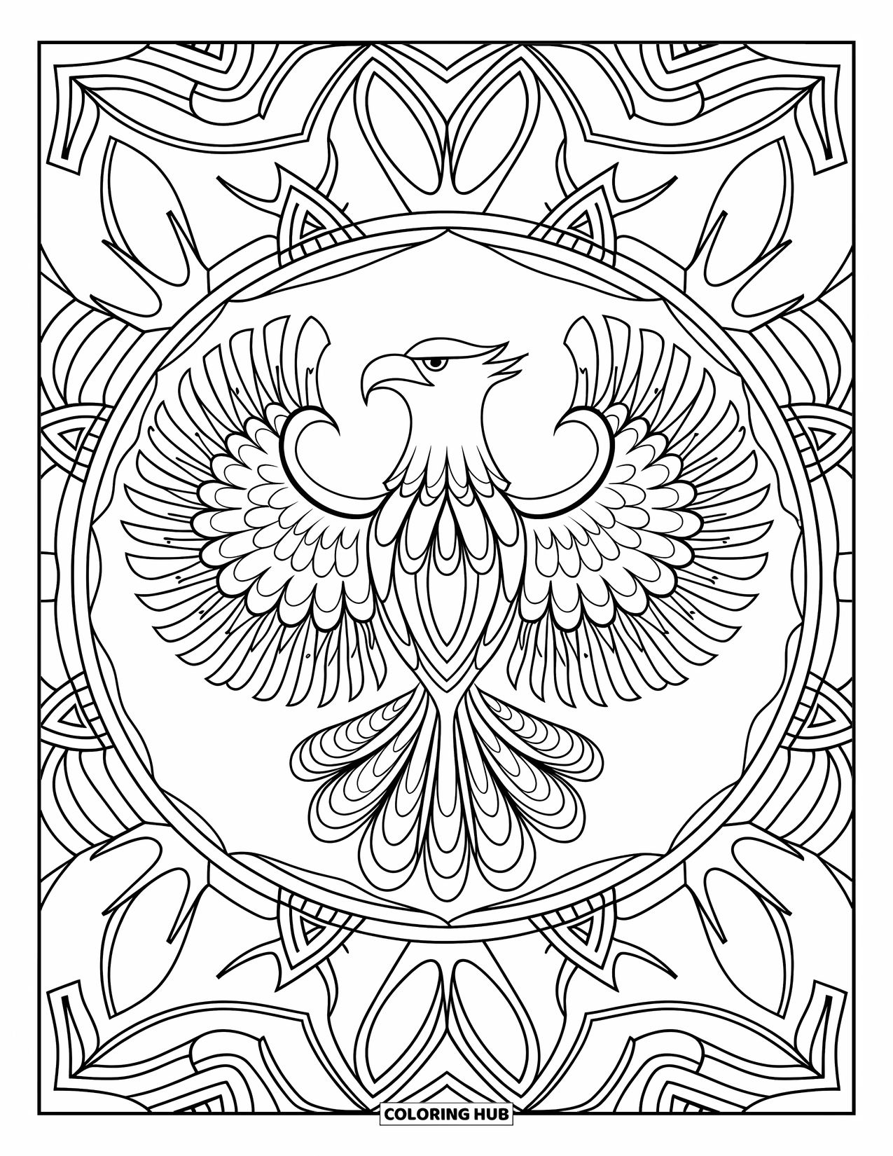 Coloriage d'aigle pour adultes : Un aigle centré se repose à l'intérieur d'un mandala de plumes et d'éléments décoratifs