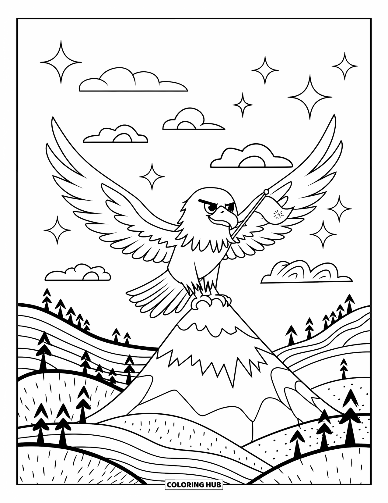 Coloriage d'aigle pour adultes : Un aigle joyeux tient un drapeau et déploie ses ailes au-dessus de minuscules collines et d'arbres