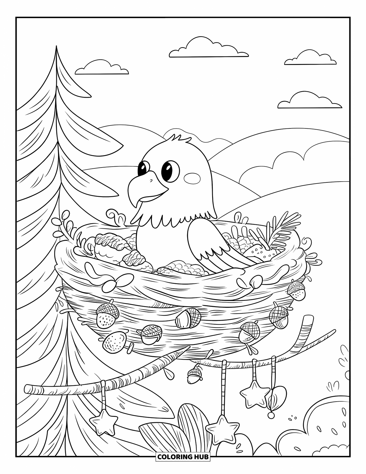 Coloriage d'aigle pour adultes : Un aigle confortable se repose dans un nid de pin rempli de brindilles, d'œufs et de décorations