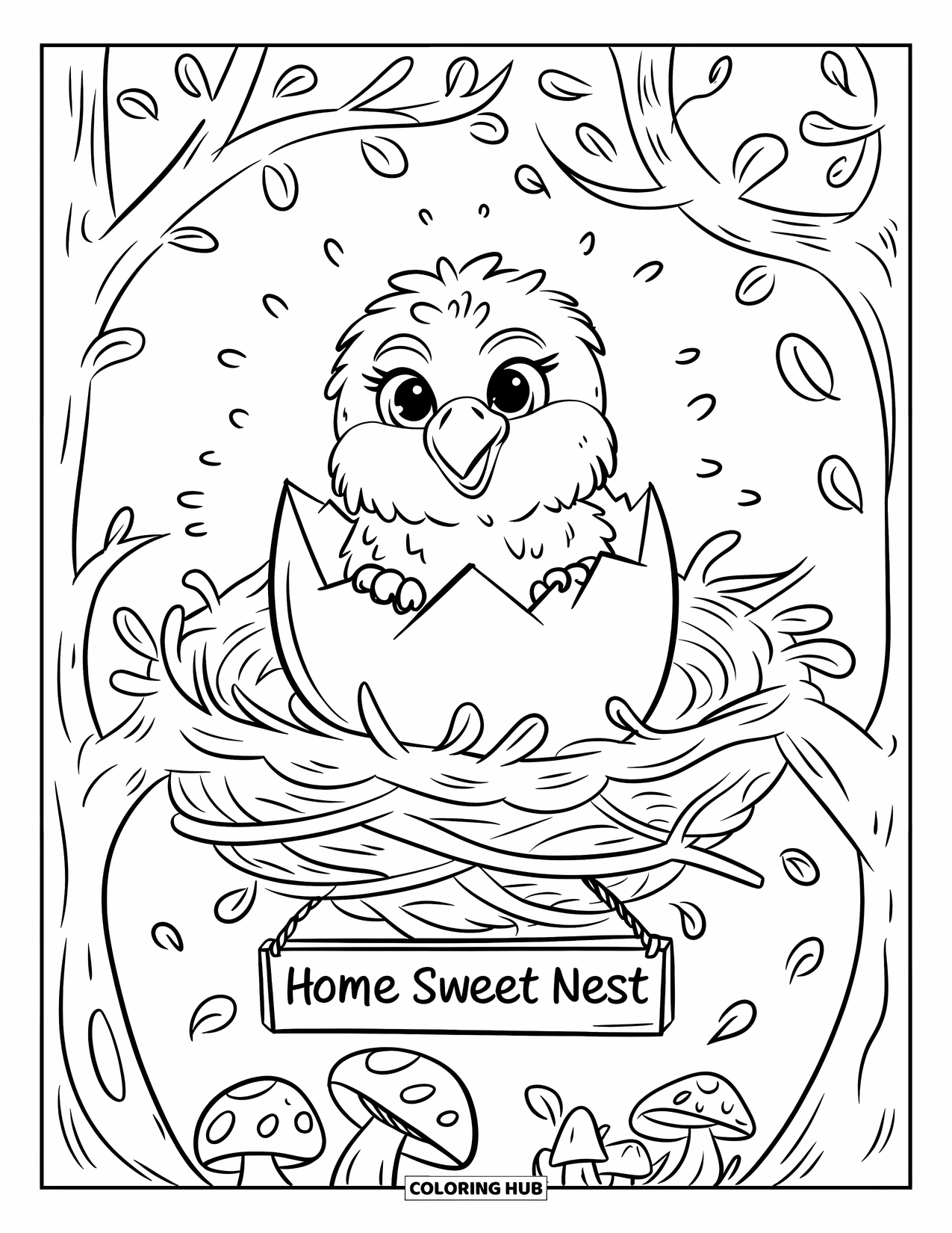 Coloriage d'aigle pour adultes : Un bébé aigle curieux sort d'un œuf dans un nid de forêt