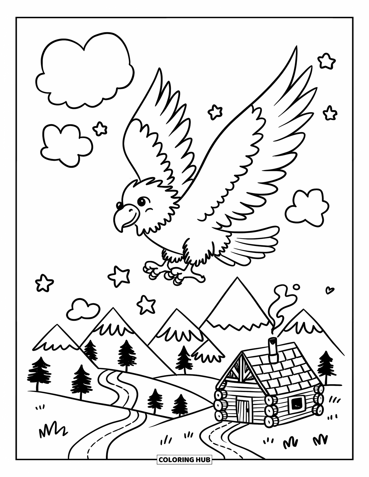 Coloriage d'aigle pour adultes : Un aigle mignon vole parmi des nuages heureux au-dessus d'une chaîne de montagnes pittoresque remplie de cabanes