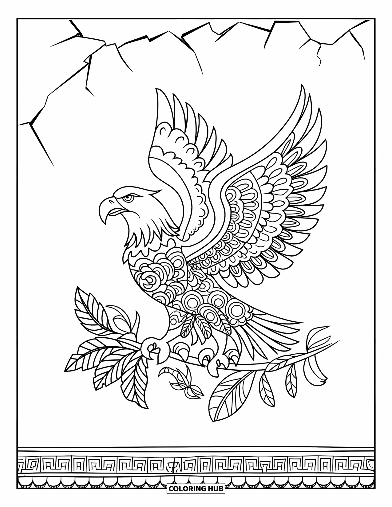 Coloriage d'aigle pour adultes : Un aigle détaillé avec des ailes fleuries est perché sur une branche feuillue près d'un mur de pierre
