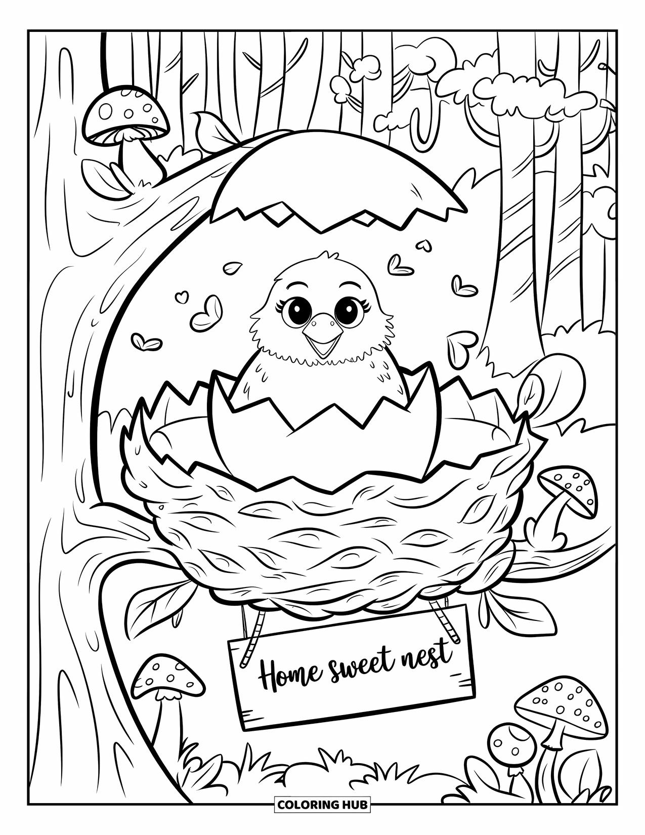 Coloriage d'aigle pour adultes : Un bébé aigle duveteux éclot dans un nid confortable sur une branche d'arbre