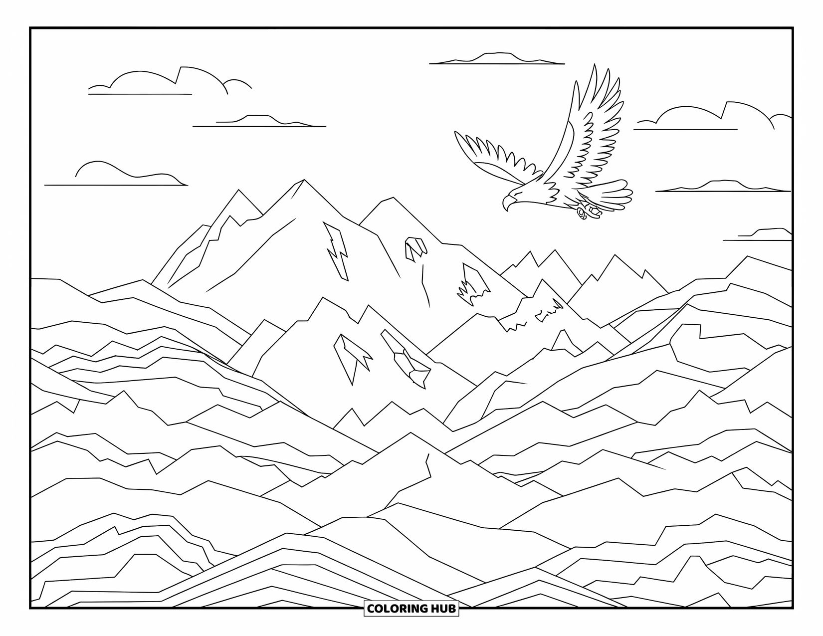 Coloriage d'aigle pour adultes : Un aigle en vol plane au-dessus de montagnes artistiques avec un ciel doux derrière