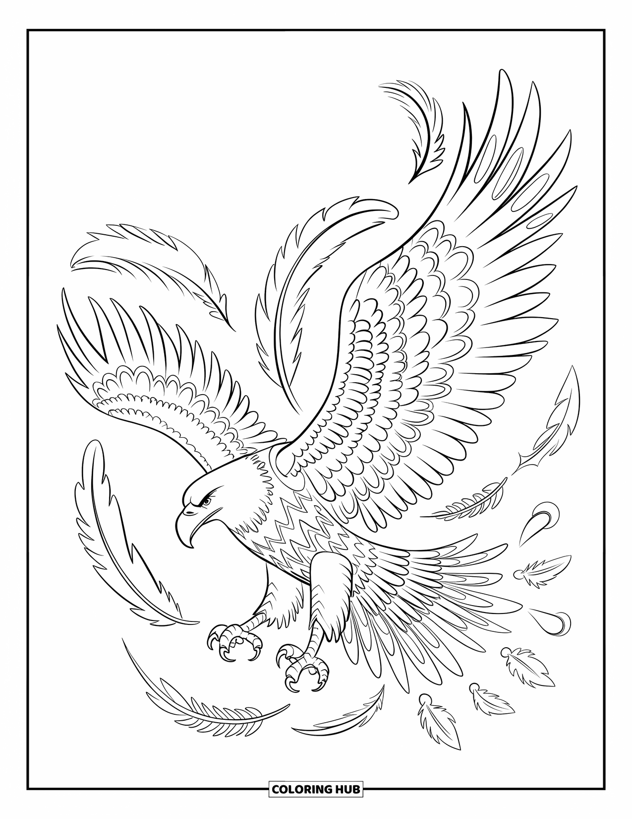 Coloriage d'aigle pour adultes : Un aigle en vol est entouré de plumes tribales et de motifs tourbillonnants