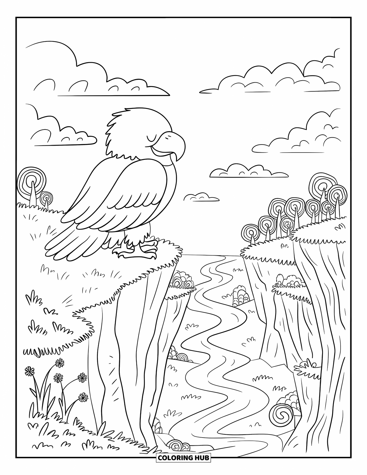 Coloriage d'aigle pour adultes : Un aigle doux se tient tranquillement sur une falaise, regardant un monde rêveur