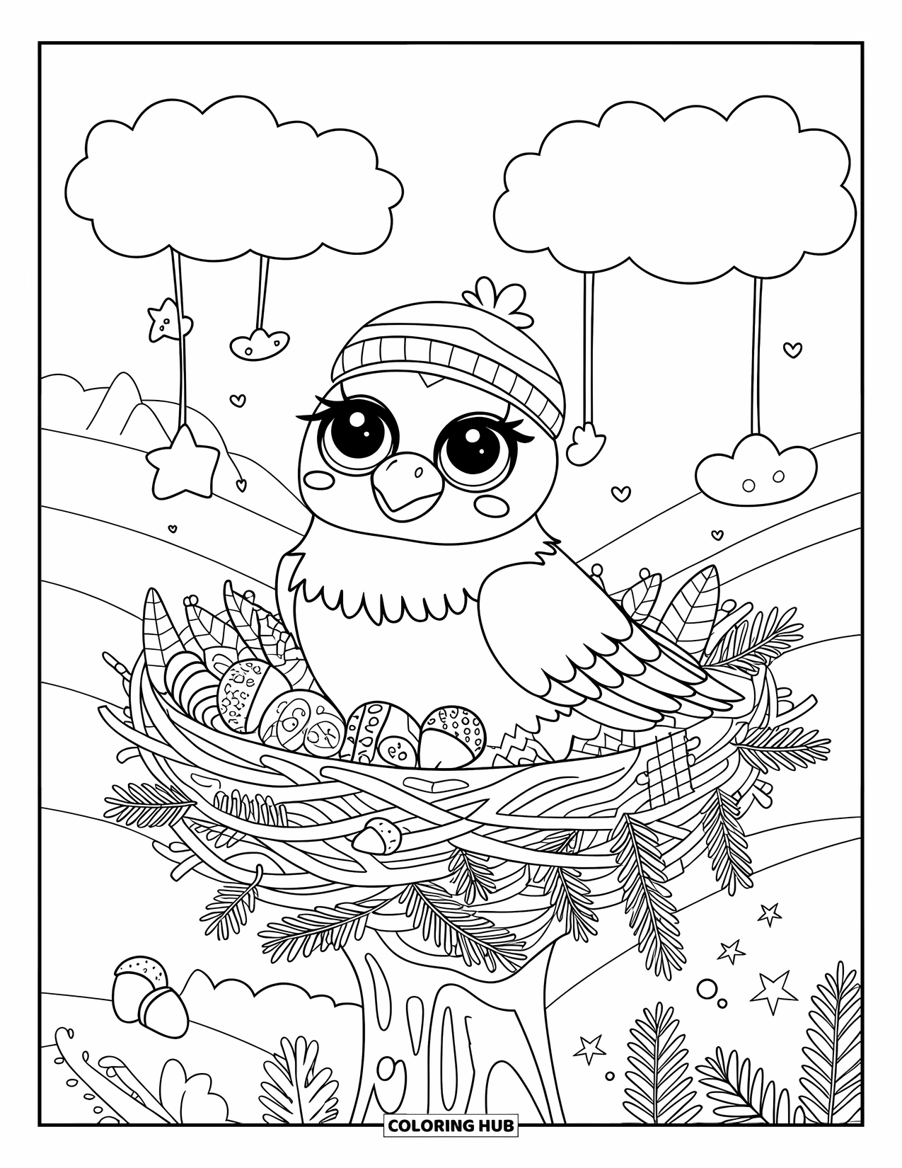 Coloriage d'aigle pour adultes : Un aigle heureux avec un chapeau mignon est assis dans un nid avec des brindilles et des étoiles suspendues