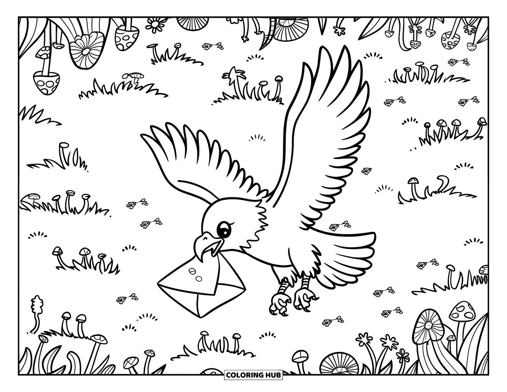 Coloriage d'aigle pour adultes : Un aigle kawaii flotte au-dessus de fleurs sauvages, portant une lettre en forme de feuille dans son bec