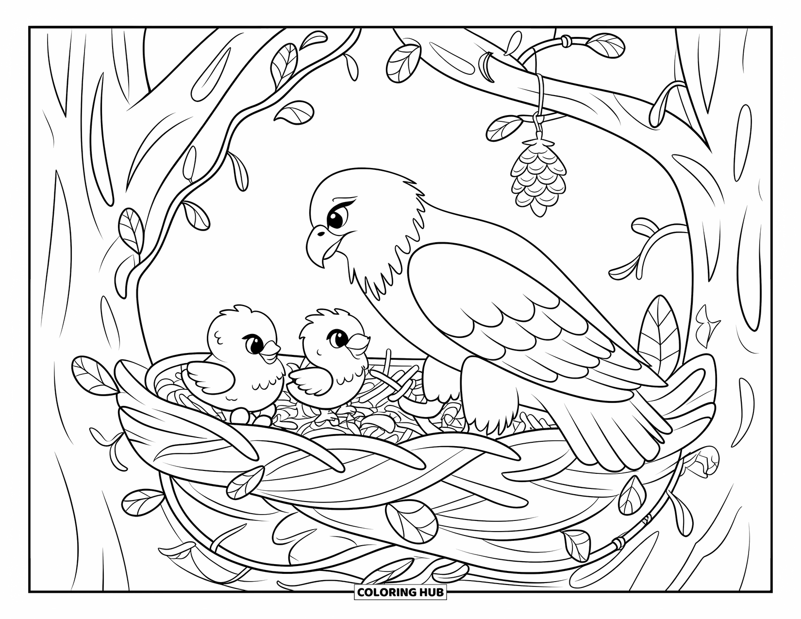 Coloriage d'aigle pour adultes : Une maman aigle garde un œil doux sur ses poussins qui jouent dans leur nid confortable