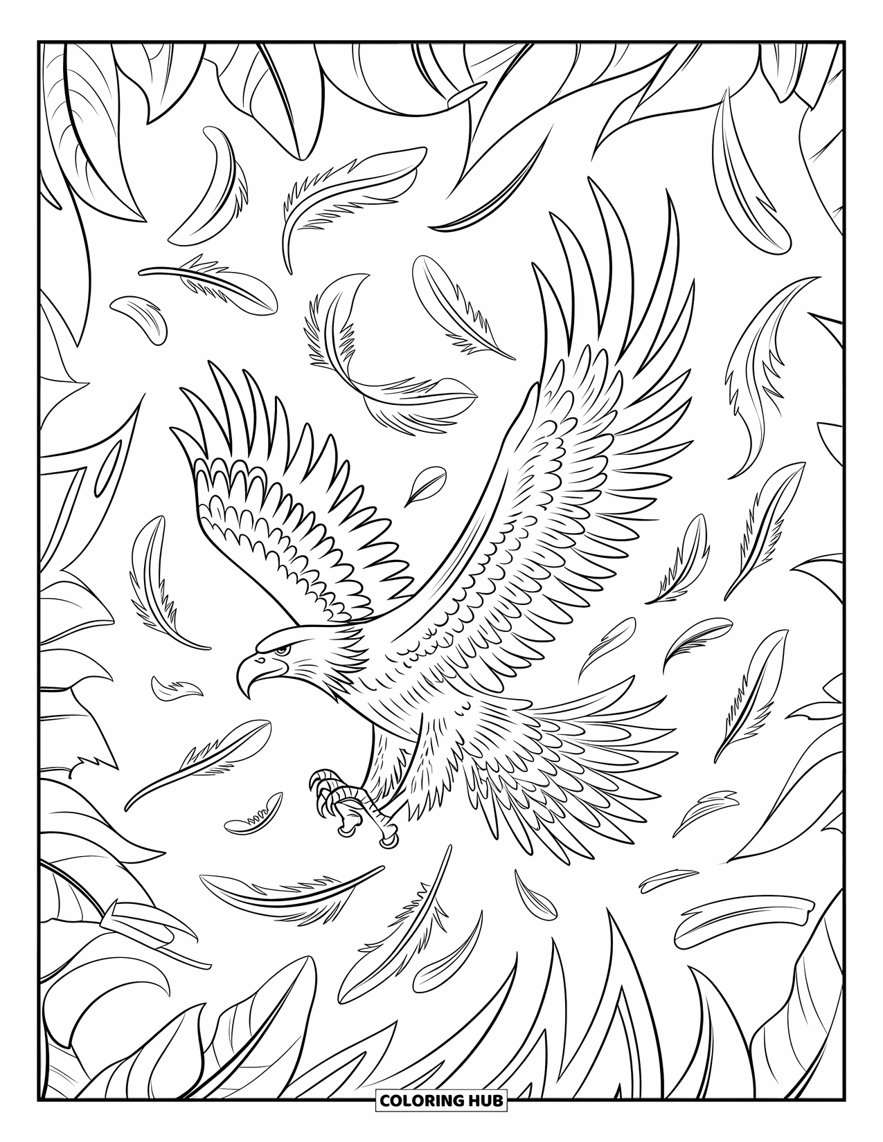 Coloriage d'aigle pour adultes : Un aigle en plein vol est placé sur un motif tribal à plumes