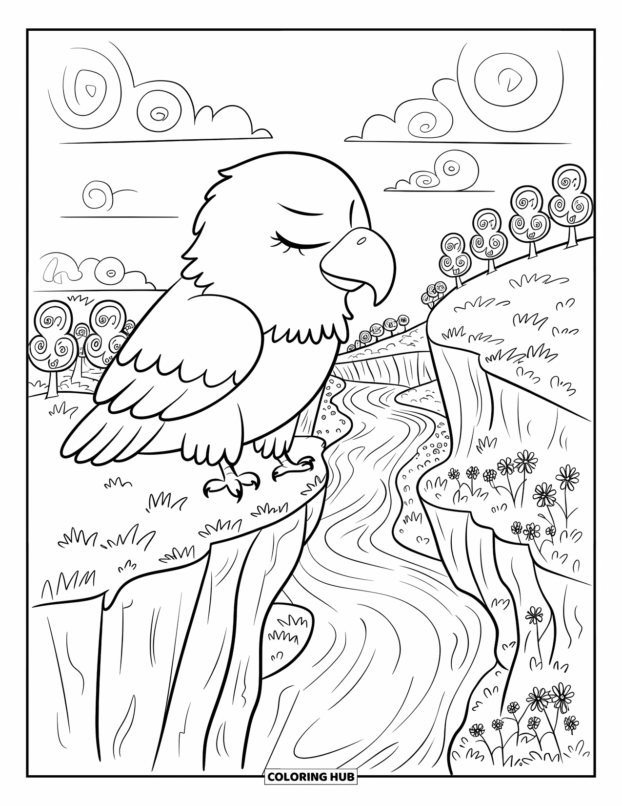 Coloriage d'aigle pour adultes : Un aigle paisible profite de la brise sur une falaise au-dessus d'une vallée fantaisiste