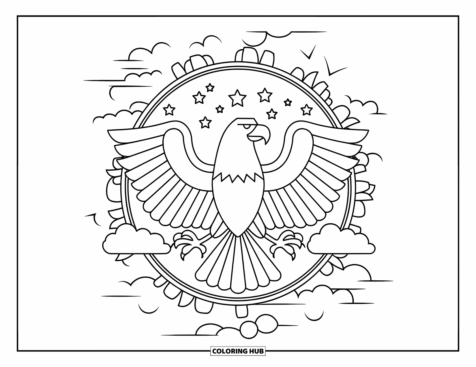 Coloriage d'aigle pour adultes : Un aigle paisible se repose dans un ciel d'étoiles et de nuages à l'intérieur d'un cadre orné