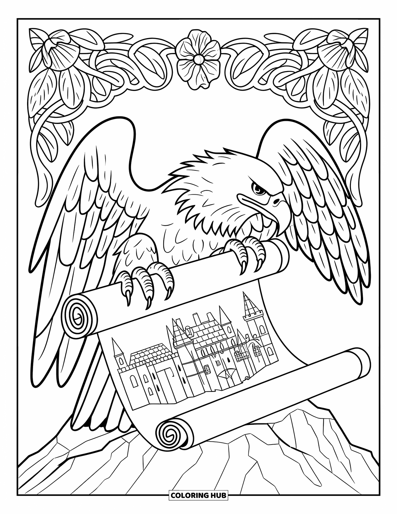 Coloriage d'aigle pour adultes : Un aigle perché serre un rouleau montrant un château parmi des vignes et des fleurs
