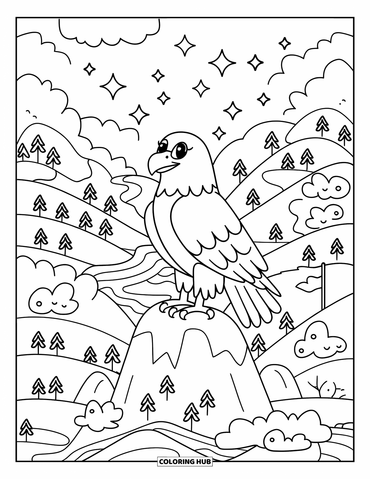 Coloriage d'aigle pour adultes : Un aigle fier tient un drapeau tout en surveillant les rivières, les arbres et les collines ondulantes