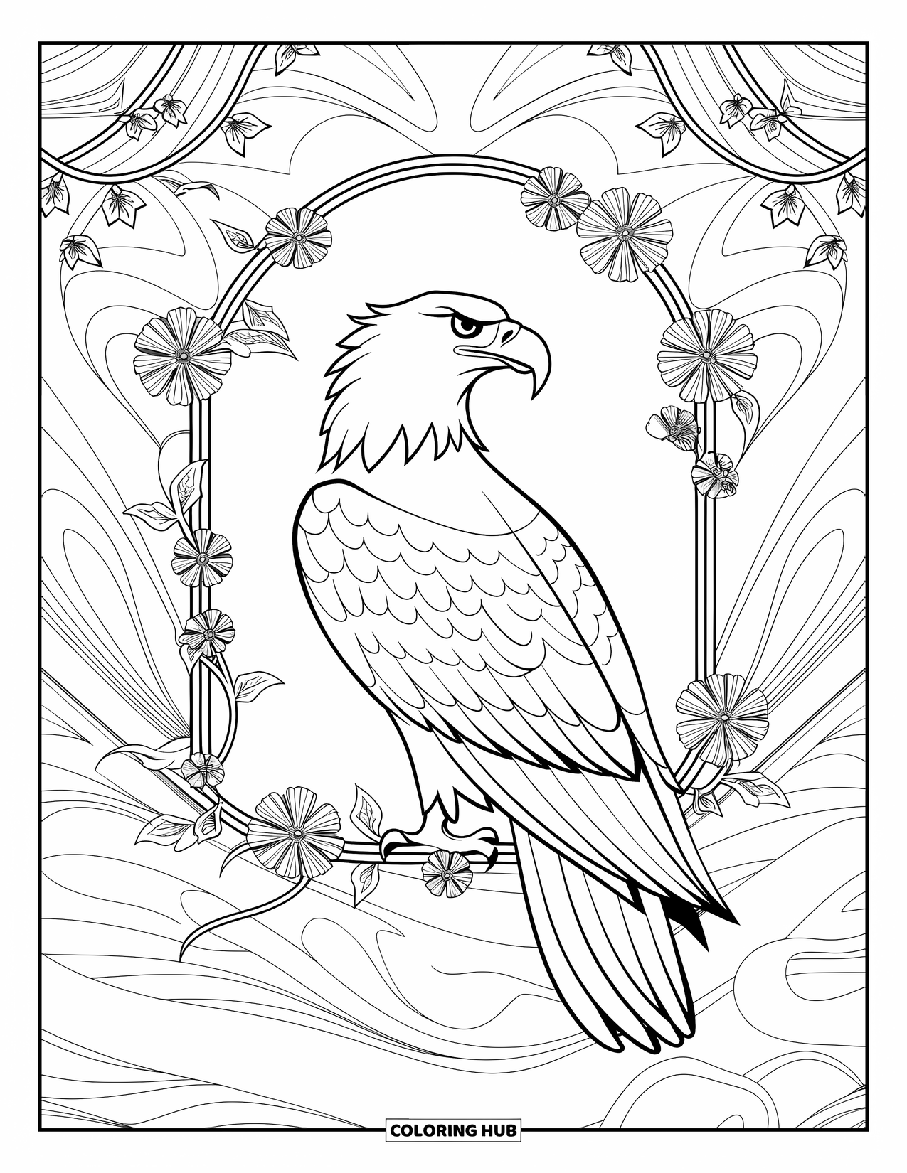 Coloriage d'aigle pour adultes : Un aigle fier est assis encadré par des arches et des détails floraux dans un cadre paisible
