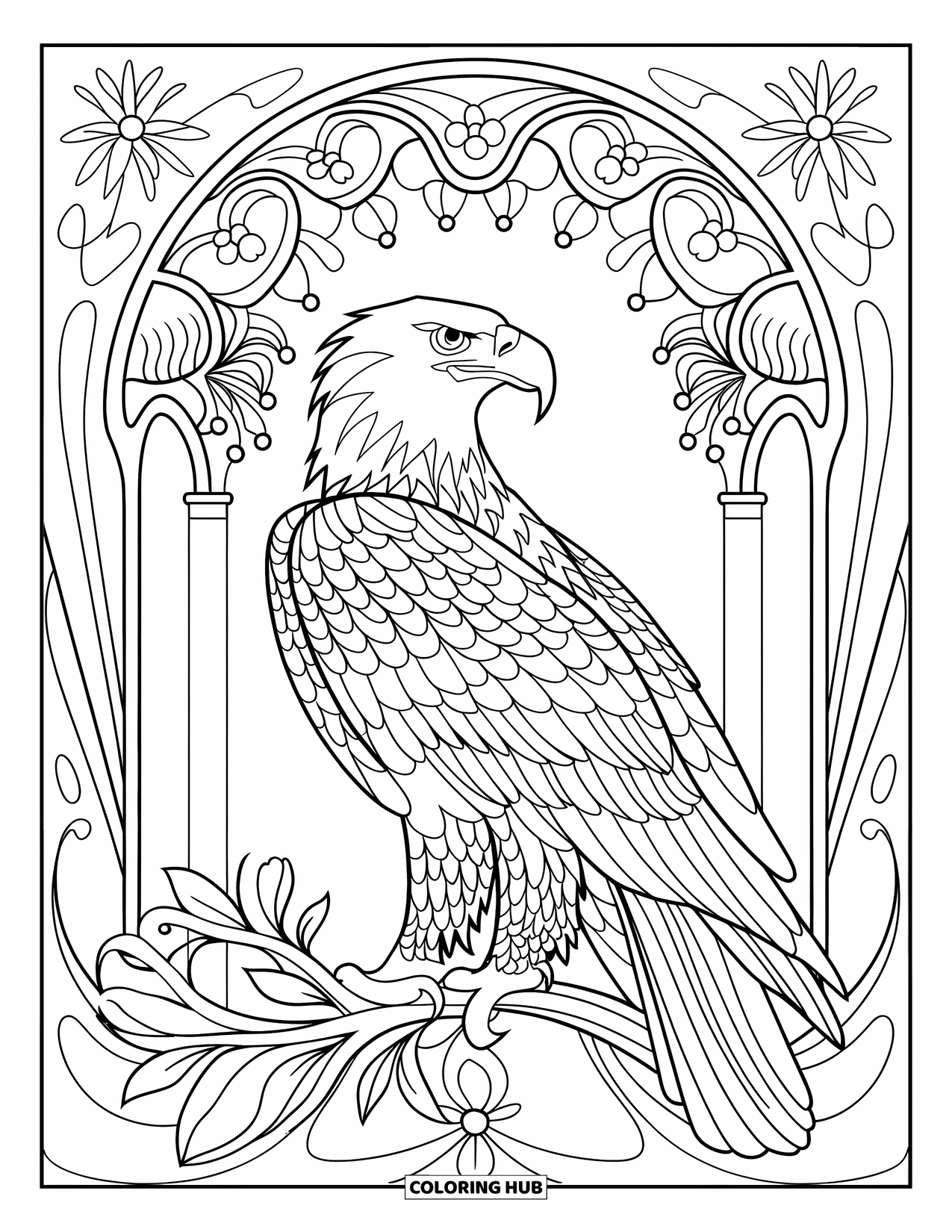 Coloriage d'aigle pour adultes : Un aigle royal se repose sur une branche à l'intérieur d'une arche florale aux motifs fluides