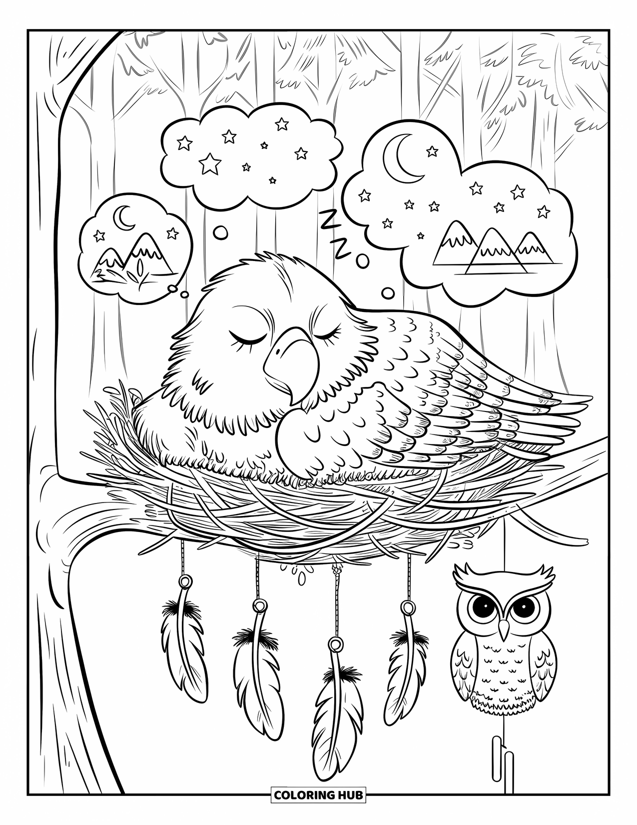 Coloriage d'aigle pour adultes : Un aigle endormi somnole dans son nid, rêvant d'étoiles, de lunes et de montagnes