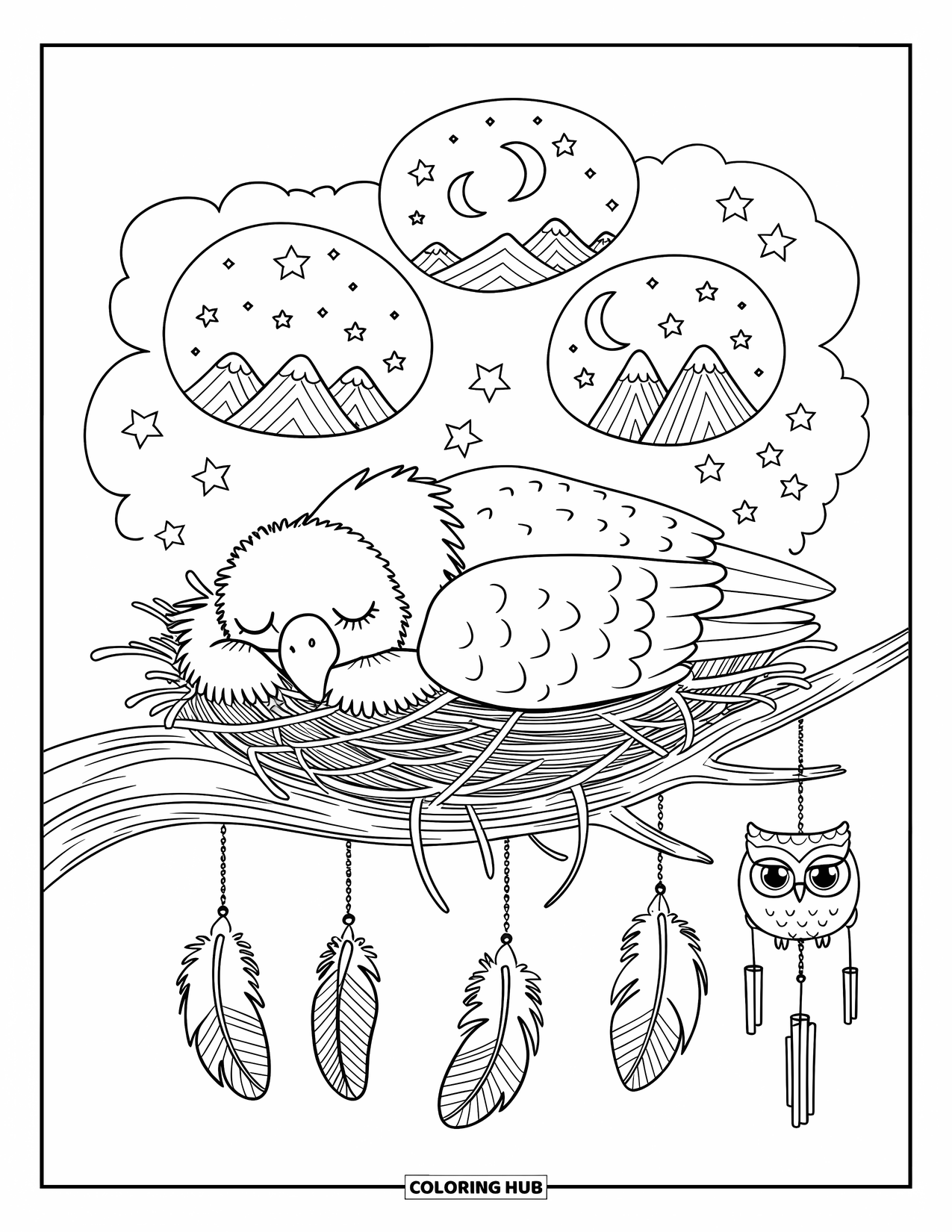 Coloriage d'aigle pour adultes : Un aigle endormi se blottit dans son nid sous des lanternes brillantes et des rêves étoilés