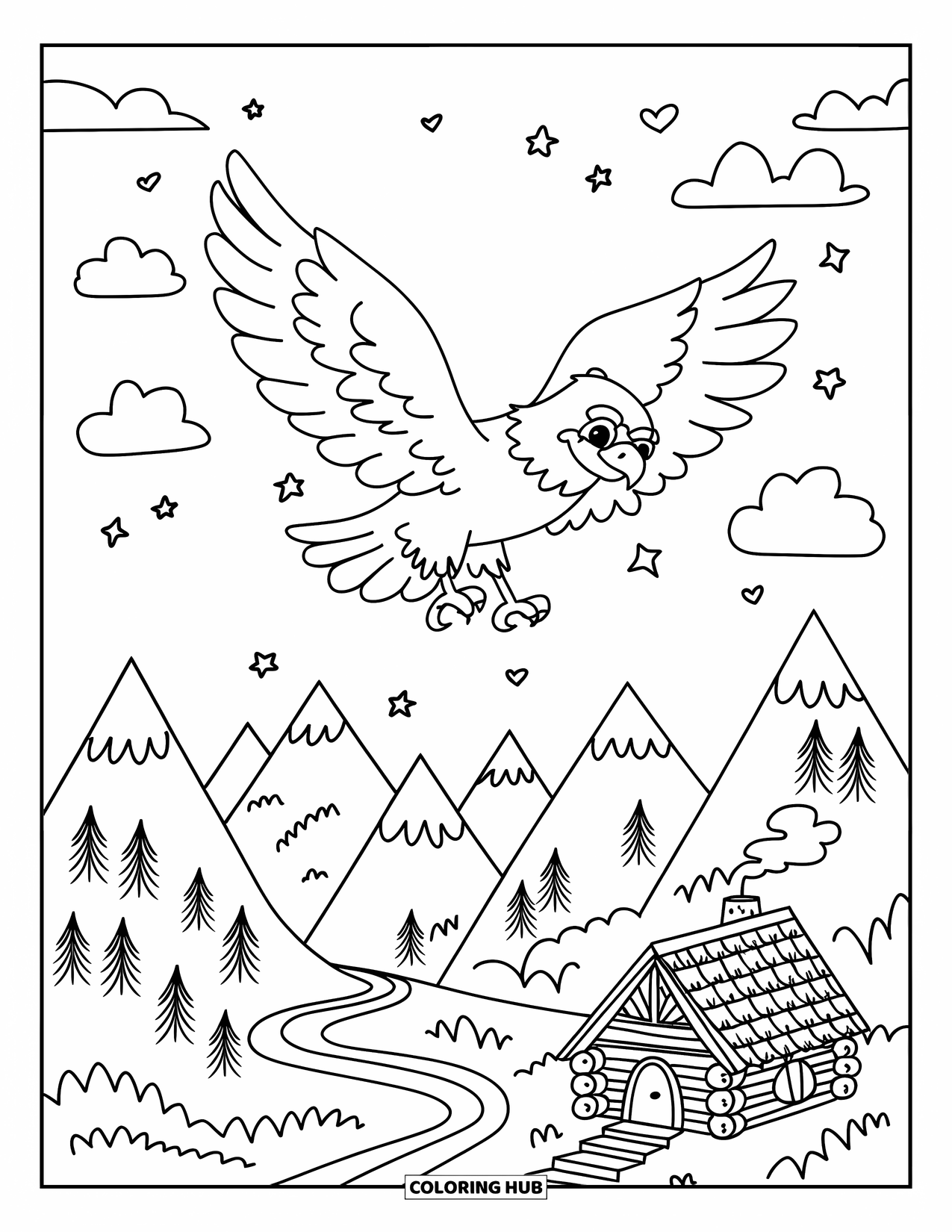 Coloriage d'aigle pour adultes : Un aigle planant glisse paisiblement au-dessus des arbres, des chemins et d'une minuscule cabane en rondins