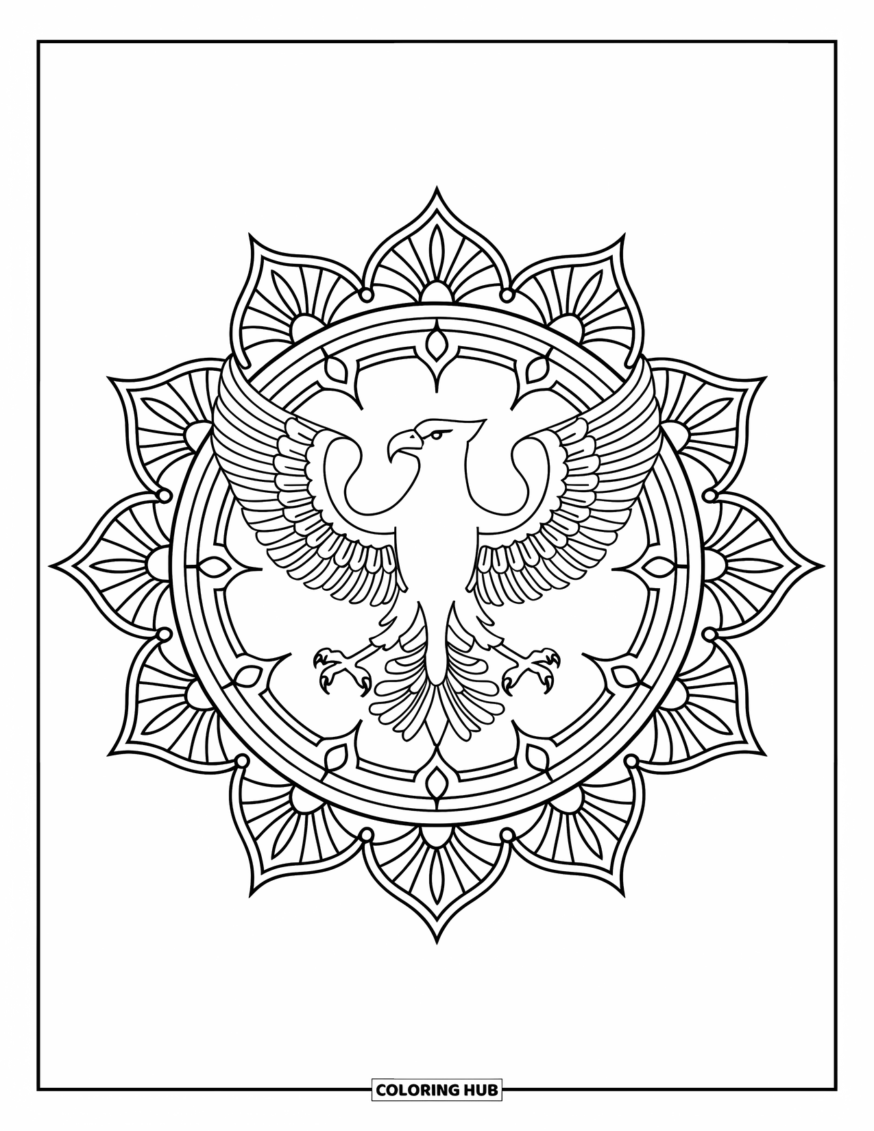 Coloriage d'aigle pour adultes : Un aigle aux ailes déployées brille au centre d'un motif de mandala encadré de plumes