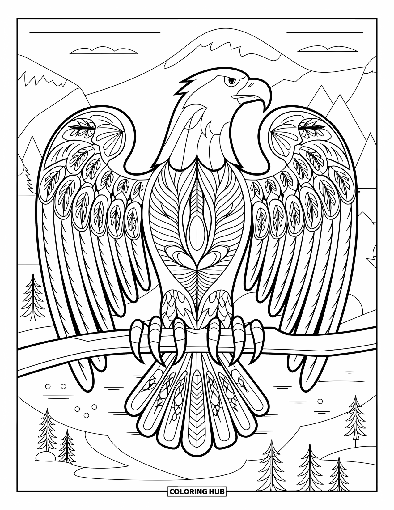 Coloriage d'aigle pour adultes : Un aigle stylisé avec des ailes florales est perché sur une branche au-dessus d'un paysage paisible