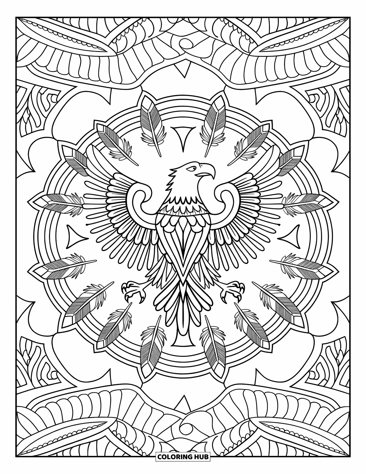 Coloriage d'aigle pour adultes : Un aigle symétrique remplit le centre d'un mandala rempli de plumes