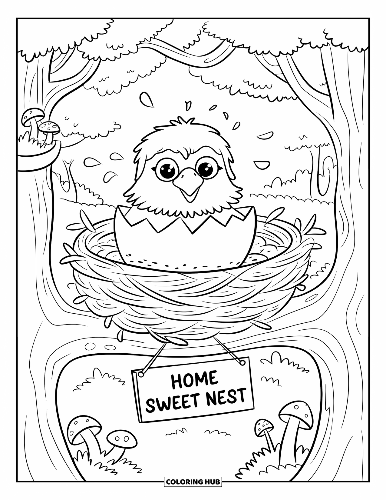 Coloriage d'aigle pour adultes : Un minuscule aigle éclot dans un nid d'arbre décoré de feuilles, de champignons et d'un panneau