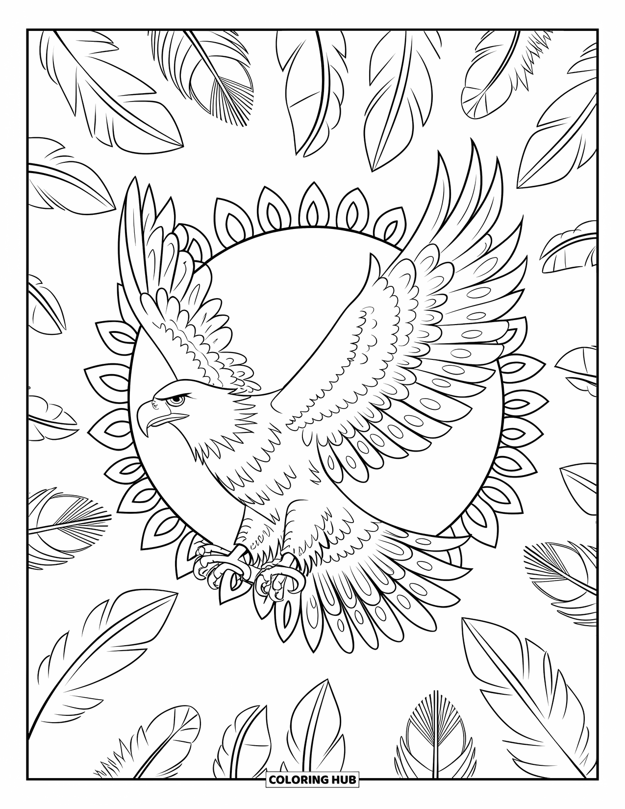 Coloriage d'aigle pour adultes : Un aigle vole à travers un halo de plumes avec des formes tribales tout autour