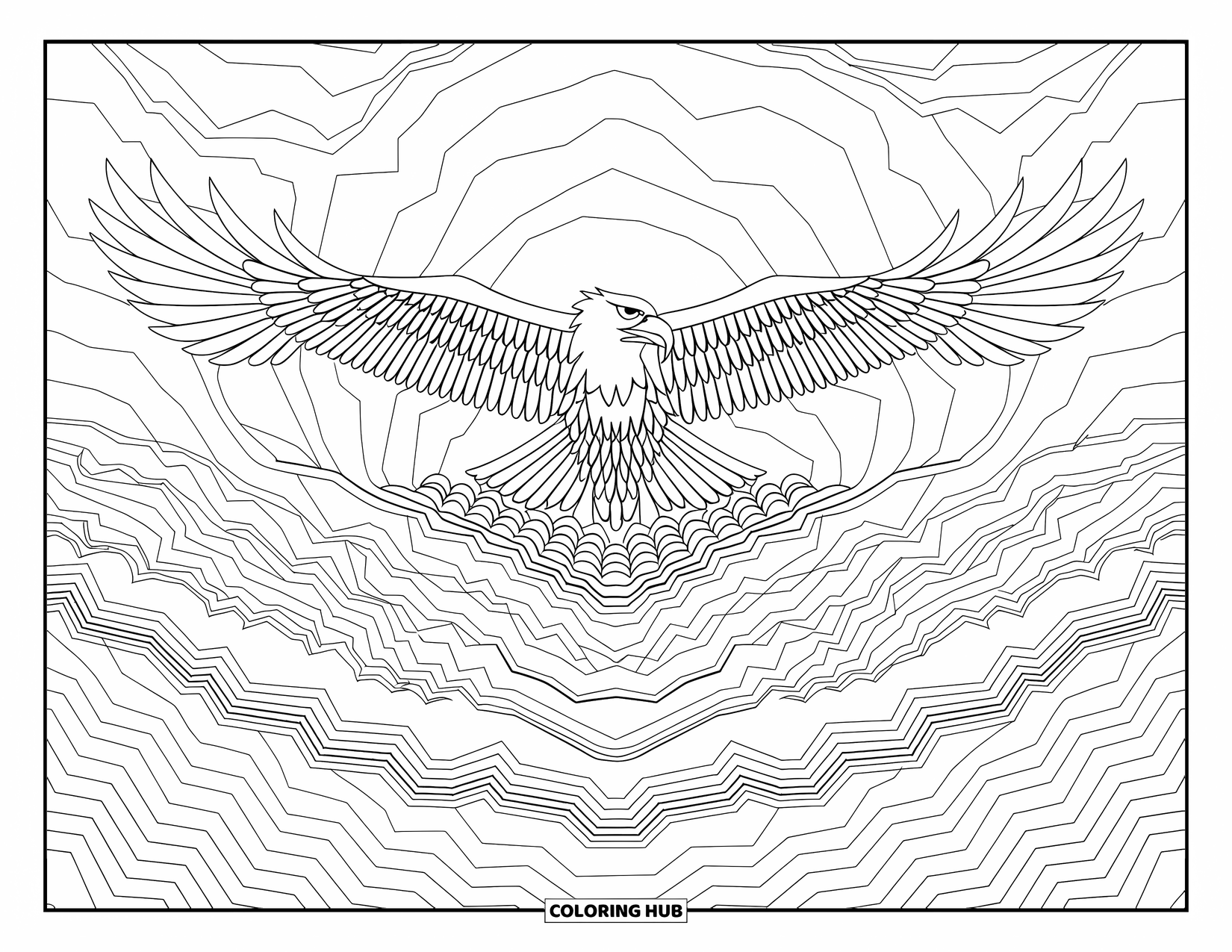 Coloriage d'aigle pour adultes : Un aigle flotte au-dessus de montagnes à motifs complexes dans un paysage en couches