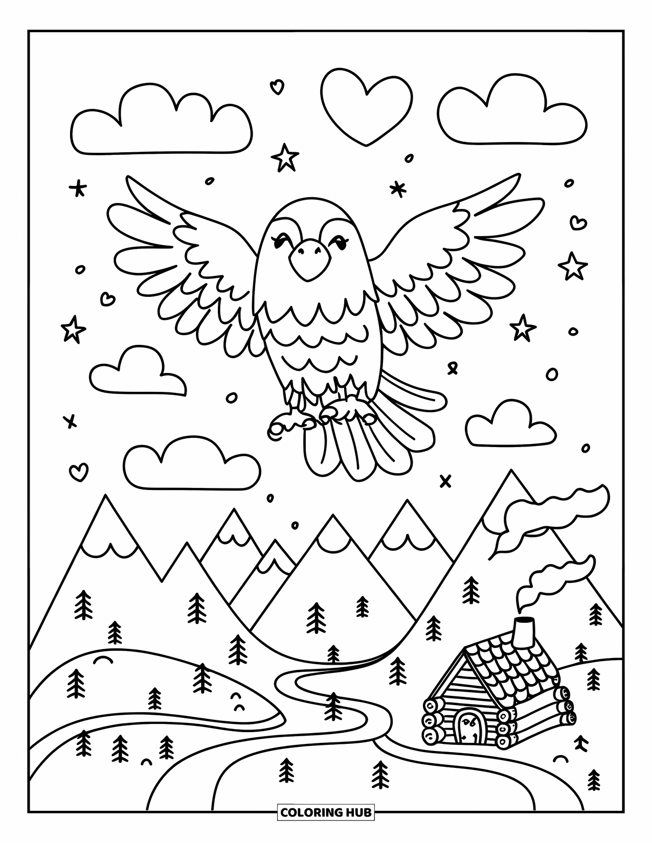 Coloriage d'aigle pour adultes : Un aigle flotte à travers des nuages en forme de cœur et d'étoile au-dessus d'une montagne avec une cabane