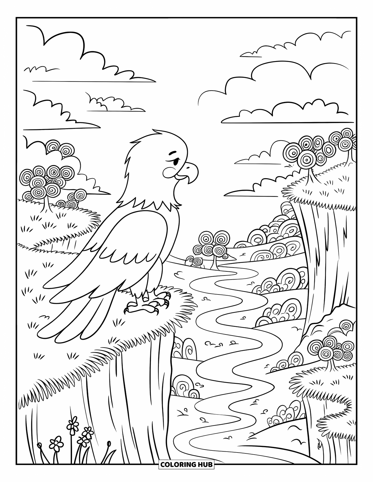Coloriage d'aigle pour adultes : Un aigle contemple une vallée remplie d'arbres en spirale, de nuages et de rivières sinueuses