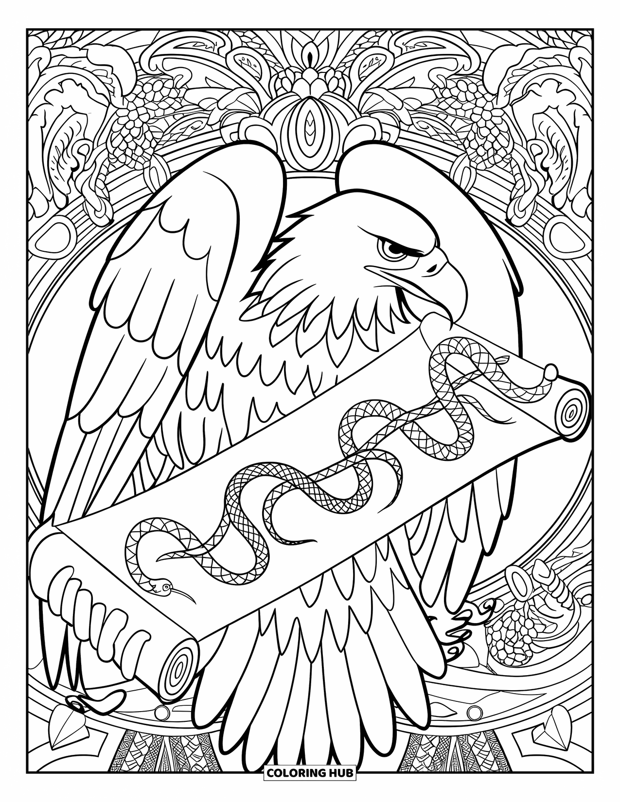 Coloriage d'aigle pour adultes : Un aigle agrippe un rouleau avec des motifs de serpent, entouré de motifs floraux ornés