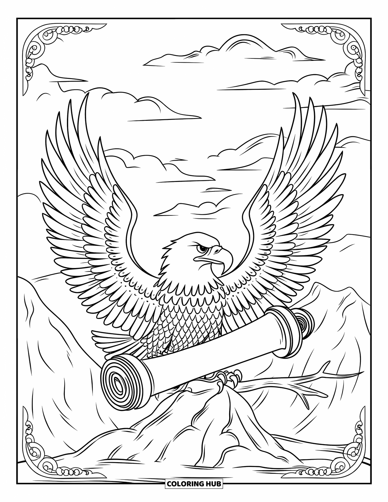 Coloriage d'aigle pour adultes : Un aigle tient un rouleau tout en étant perché au-dessus de montagnes et de cieux tourbillonnants
