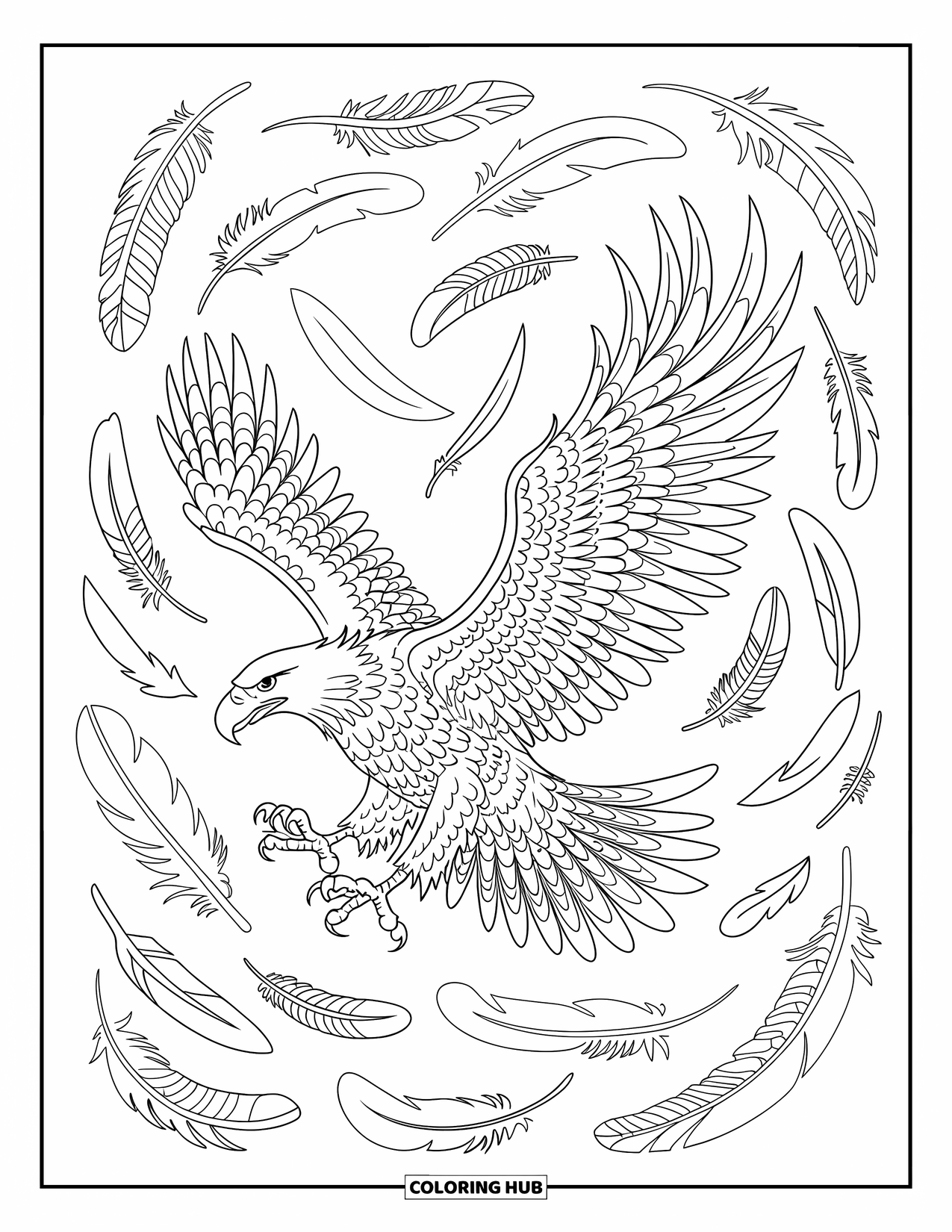 Coloriage d'aigle pour adultes : Un aigle en vol est encerclé de plumes tribales et de formes artistiques