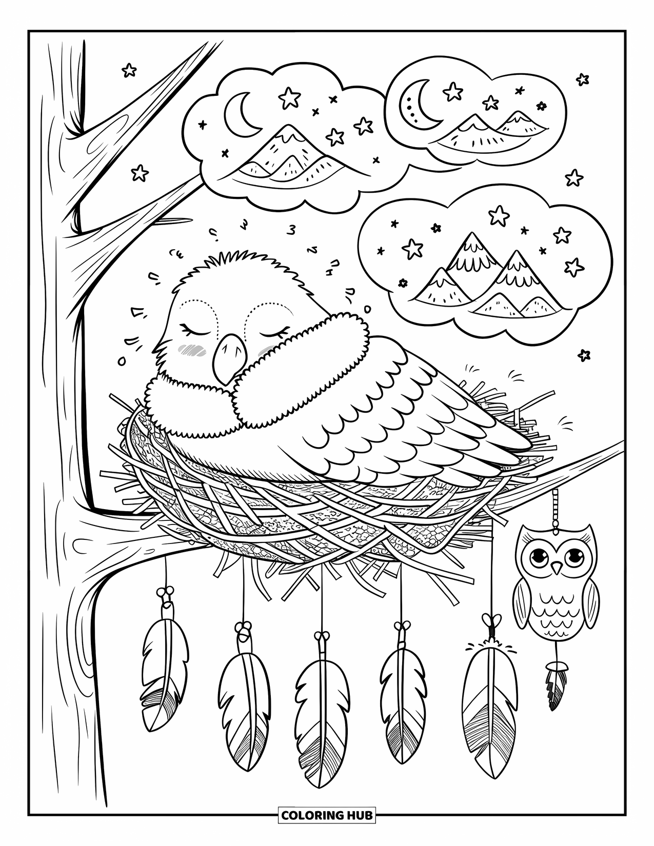 Coloriage d'aigle pour adultes : Un aigle fait la sieste dans son nid avec des bulles rêveuses et une douce brise autour