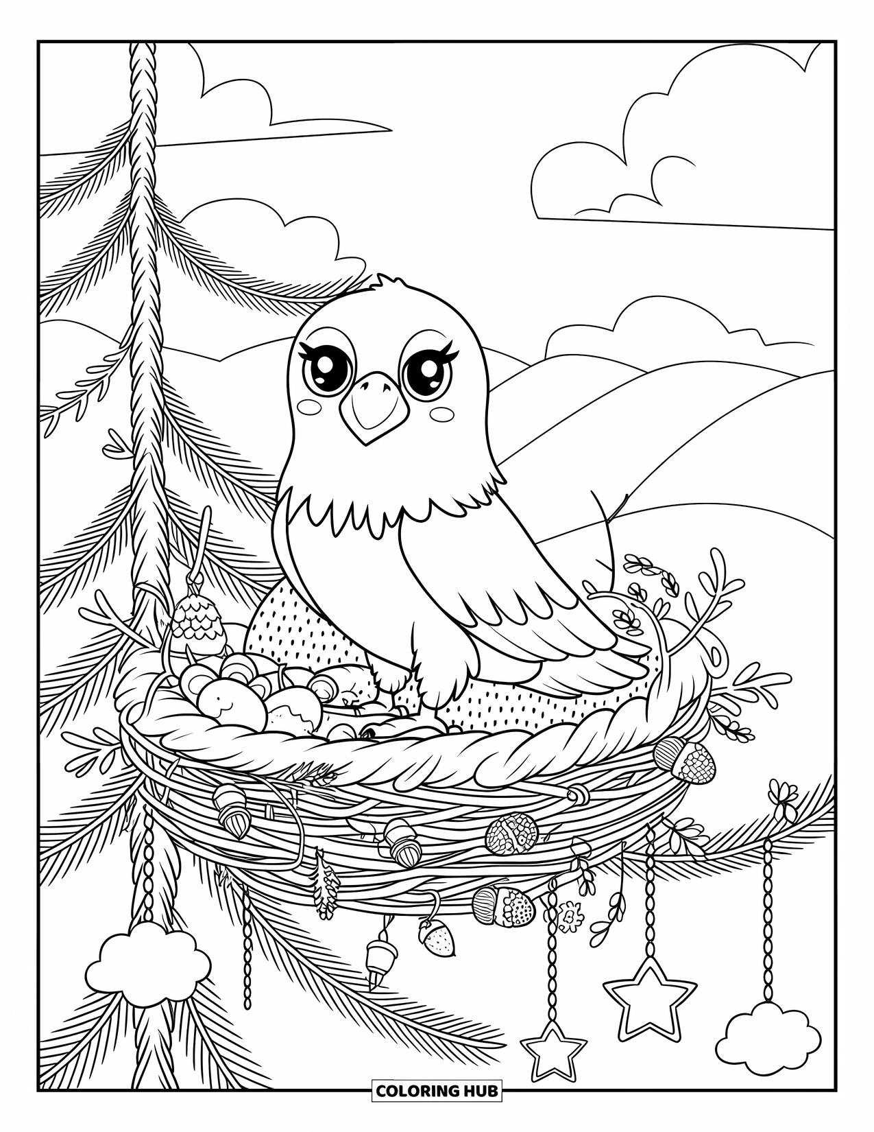 Coloriage d'aigle pour adultes : Un aigle est perché dans un nid en haut d'un pin, entouré d'étoiles et de nuages