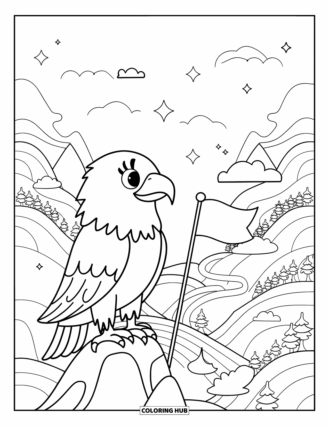 Coloriage d'aigle pour adultes : Un aigle est perché au sommet d'une montagne à côté d'un drapeau, surplombant des collines et des nuages rêveurs