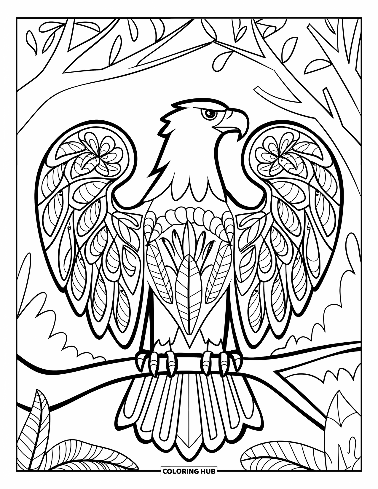 Coloriage d'aigle pour adultes : Un aigle se repose sur une branche avec des feuilles tissées à travers ses ailes décorées