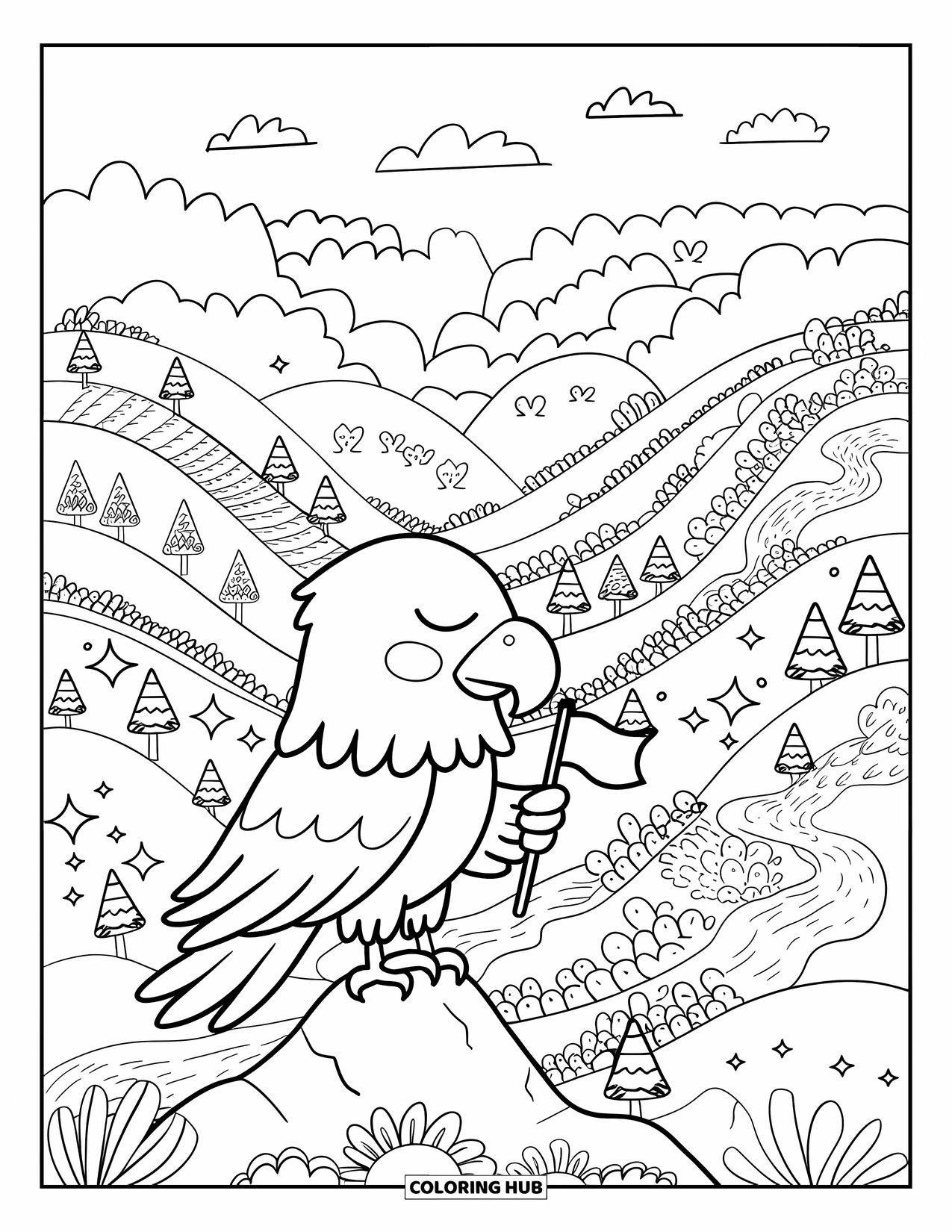 Coloriage d'aigle pour adultes : Un aigle se repose sur un rocher de montagne, des étoiles scintillant autour d'une vue paisible sur la vallée