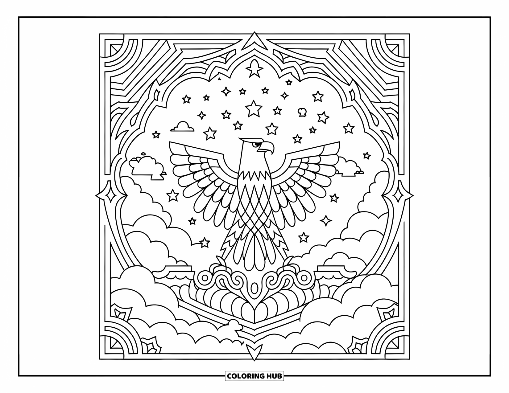 Coloriage d'aigle pour adultes : Un aigle est assis au centre d'un cadre rêveur rempli d'étoiles et de nuages