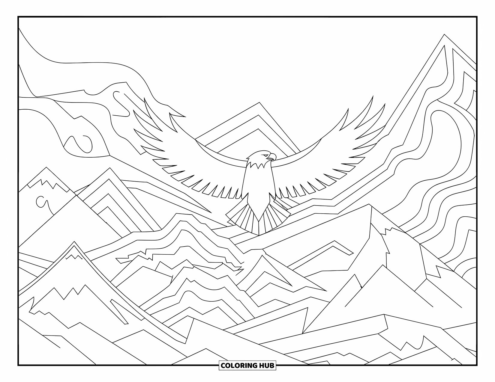 Coloriage d'aigle pour adultes : Un aigle s'élève au-dessus de montagnes en couches dans un paysage surréaliste à motifs