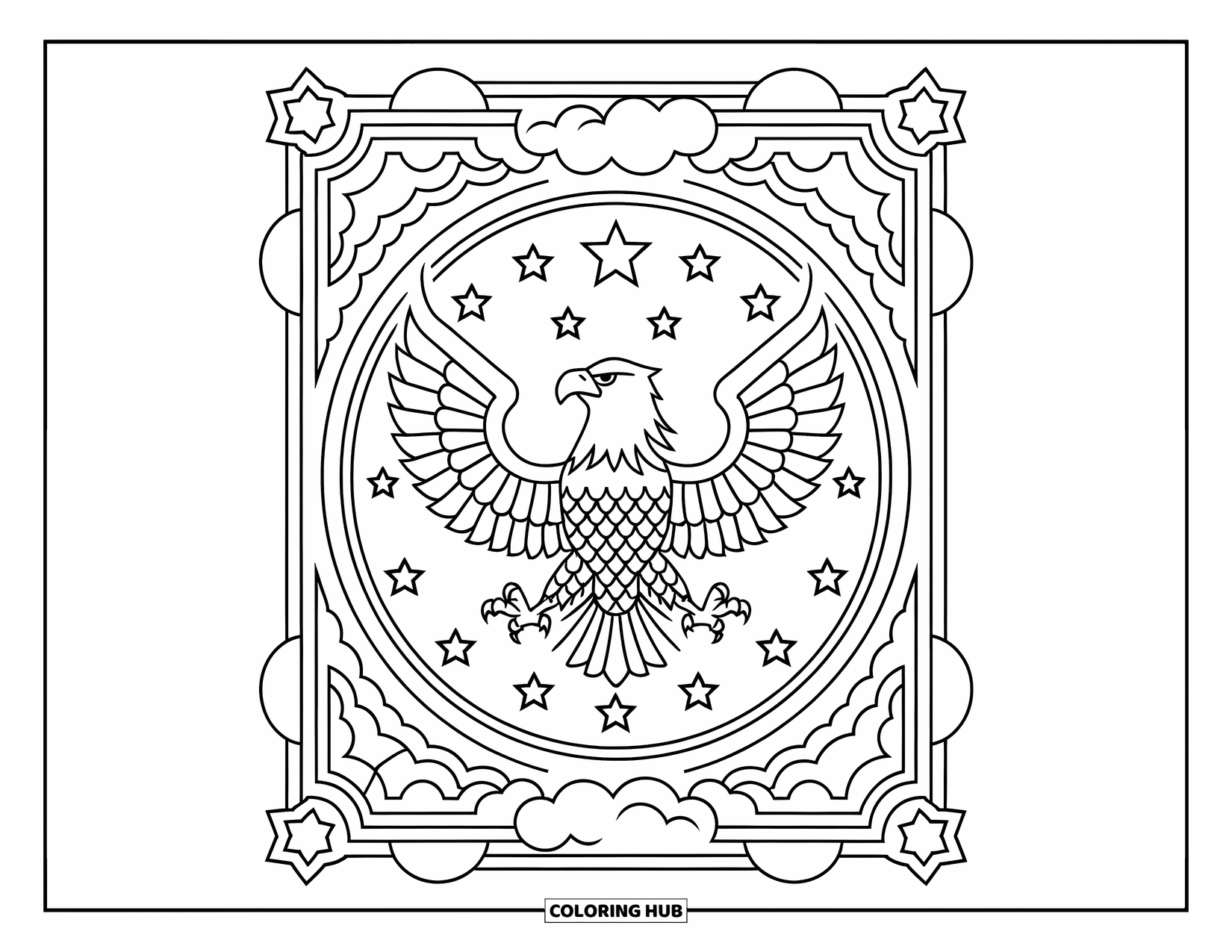 Coloriage d'aigle pour adultes : Un aigle déploie ses ailes dans un cadre entouré d'étoiles et de nuages tourbillonnants