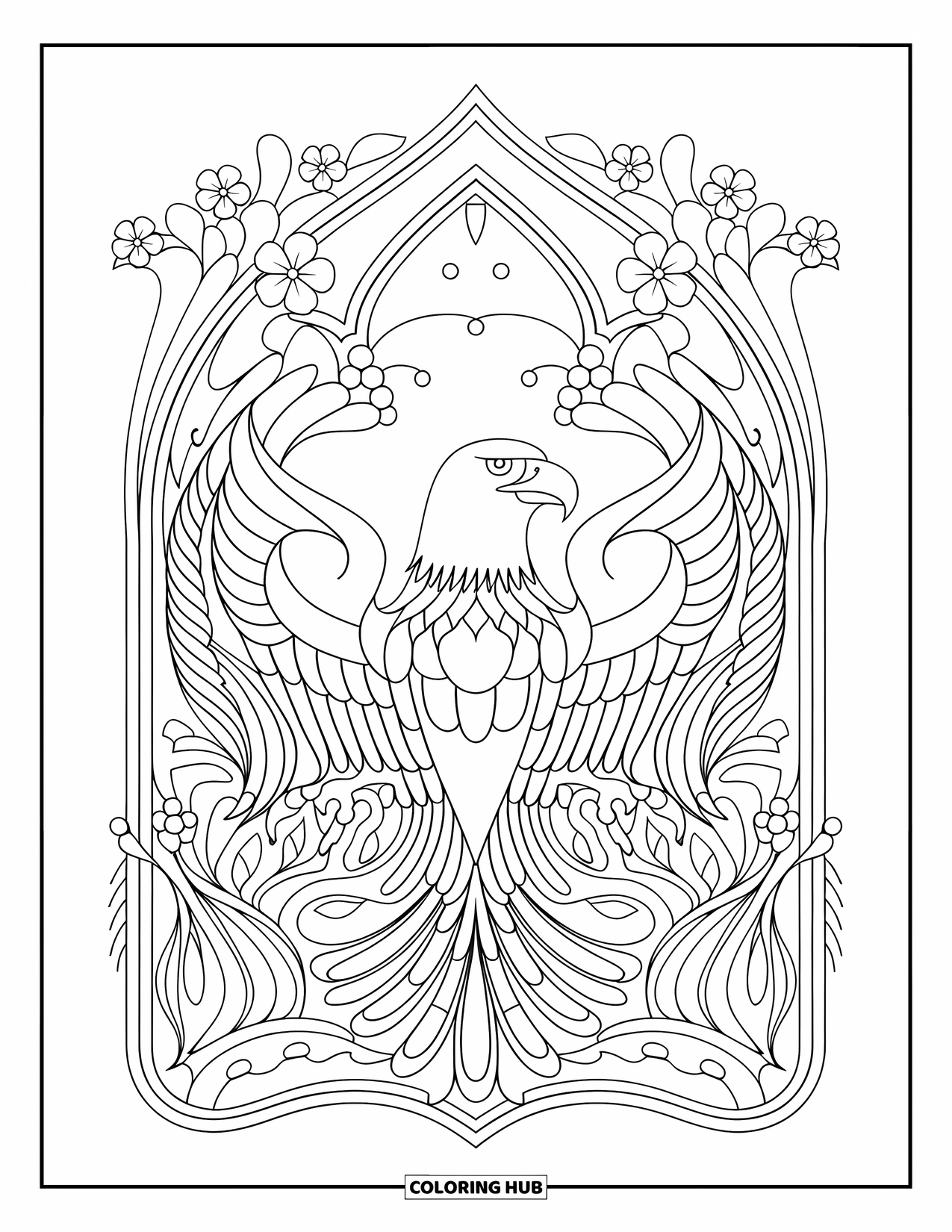 Coloriage d'aigle pour adultes : Un aigle déploie ses ailes à l'intérieur d'un arc de fleurs et de lignes tourbillonnantes