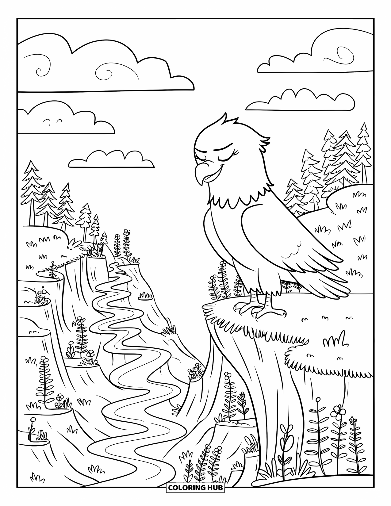 Coloriage d'aigle pour adultes : Un aigle se tient dans le vent, contemplant une vallée magique en contrebas
