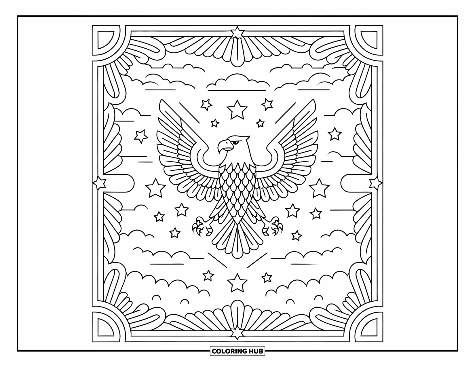 Coloriage d'aigle pour adultes : Un aigle étire ses ailes dans un cadre rempli de nuages et d'étoiles avec des motifs audacieux