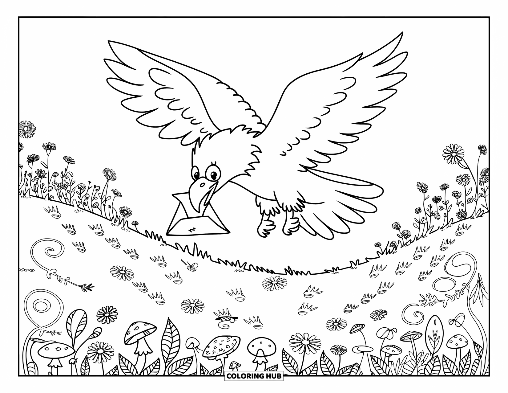 Coloriage d'aigle pour adultes : Un aigle avec une lettre en feuille plane au-dessus d'un champ magique de champignons et de vignes