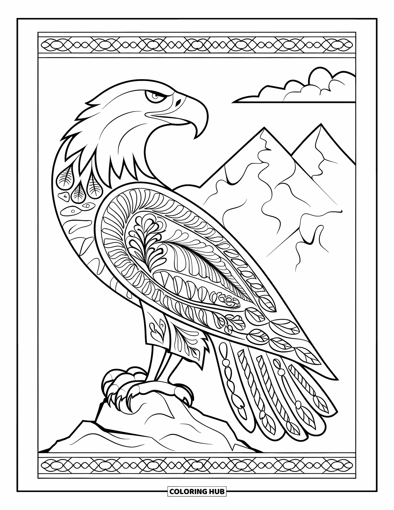 Coloriage d'aigle pour adultes : Un aigle avec des plumes florales est assis sur un rocher encadré par des montagnes et des bordures