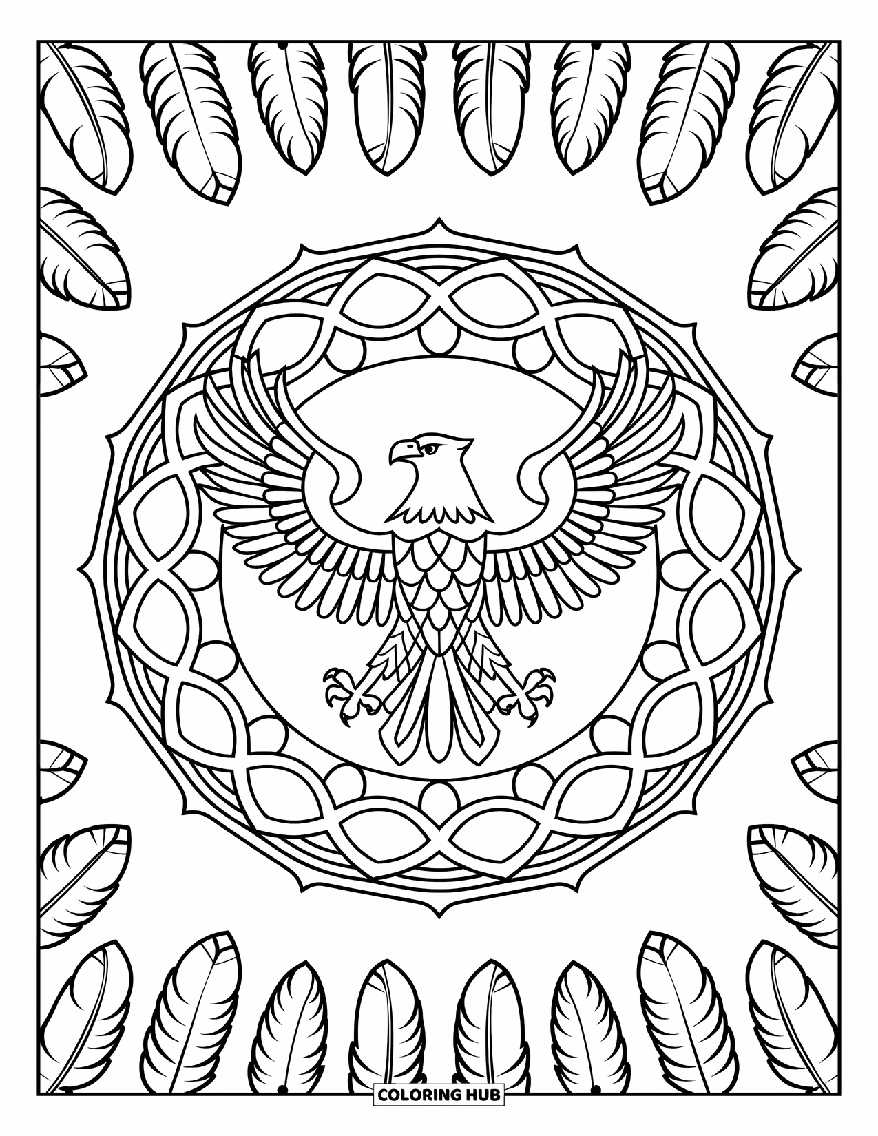Coloriage d'aigle pour adultes : Un aigle aux ailes déployées est assis au cœur d'un mandala à motifs de plumes