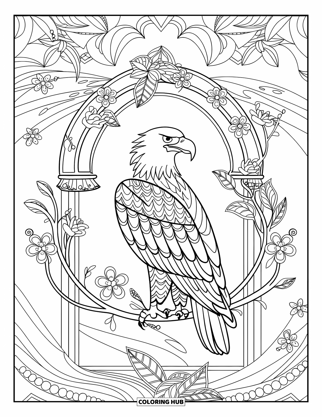 Coloriage d'aigle pour adultes : Un aigle élégant est perché parmi des arches, des fleurs et des vignes délicates