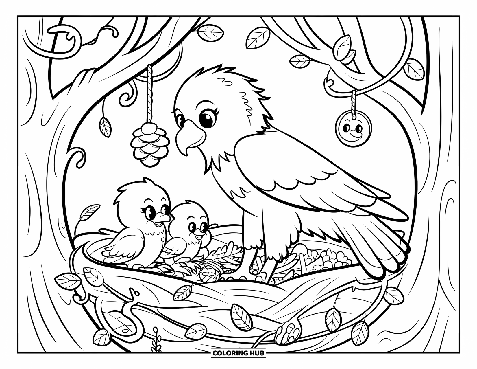 Coloriage d'aigle pour adultes : Des poussins jouent avec des plumes pendant que maman aigle veille depuis leur nid d'arbre confortable